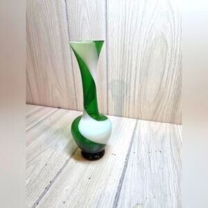 Vtg Emerald Green & White Swirl Glass Vase MCM Art Glass 8" Handcrafted Japan